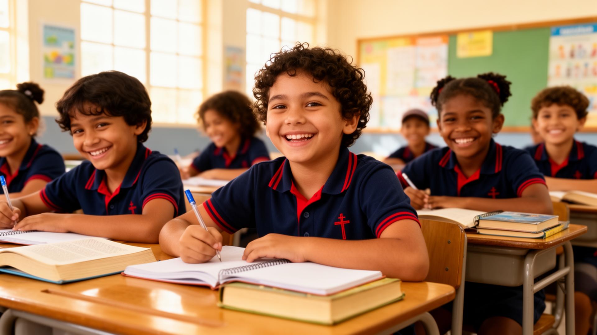 Alunos felizes em sala de aula